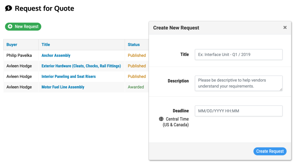 New RFQ Request Product Screenshot